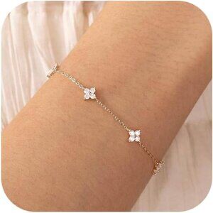 Sterling Silver Round Clover Link Chain Ring Bracelet Hand Chain for Women